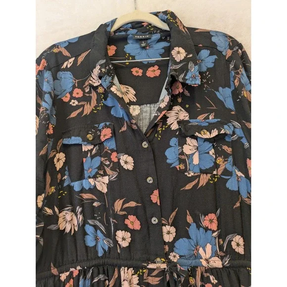 Torrid Floral Button Front Midi Shirt Dress Black Blue Pink Plus Size 1 - Picture 5 of 10